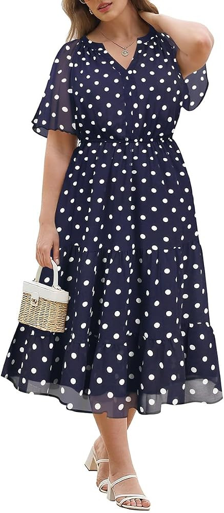 RITERA Plus Size Summer Dresses Short Sleeve V Neck Flowy Midi Dress Chiffon Boho Floral Beach Pa... | Amazon (US)