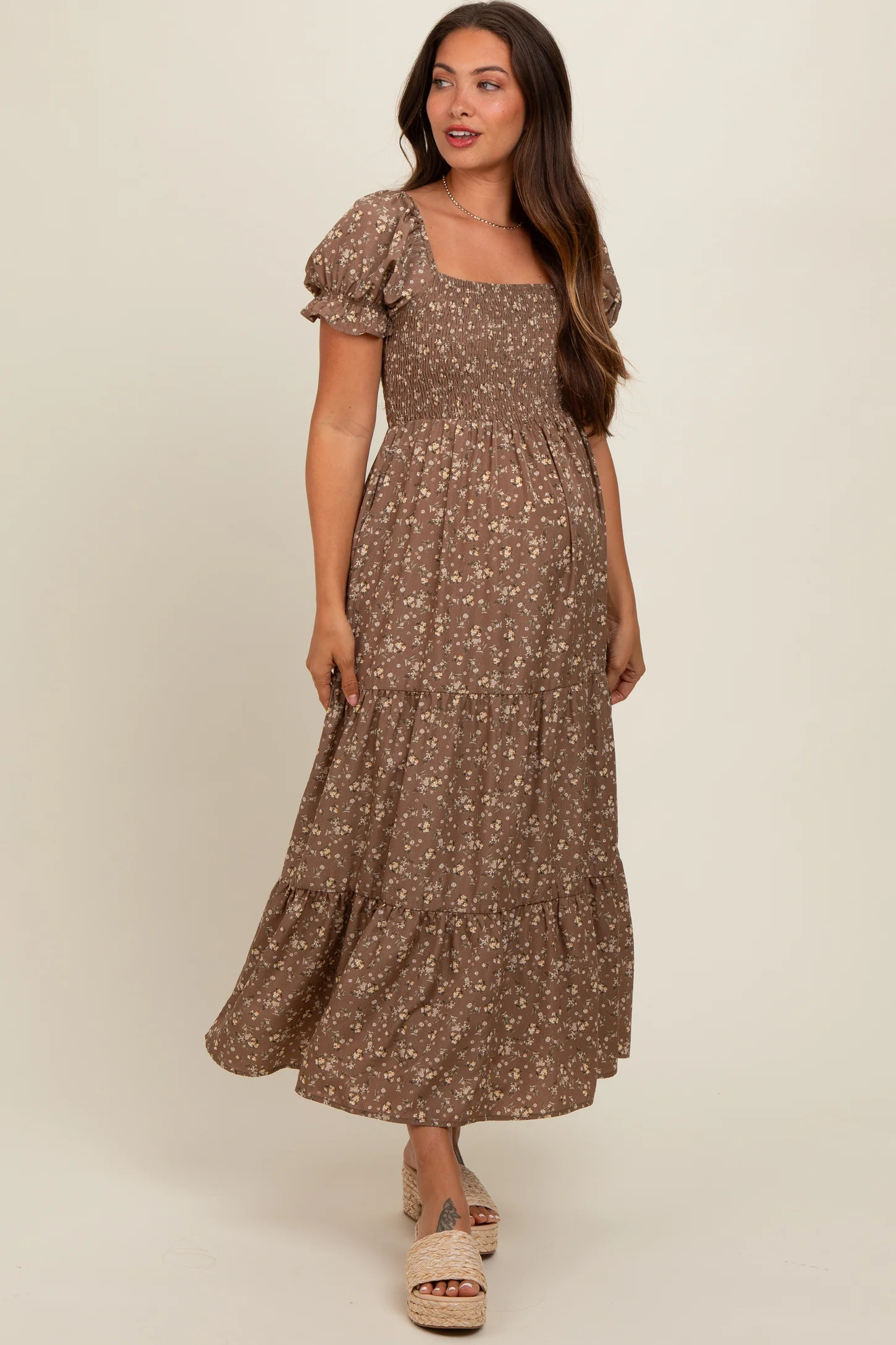 Mocha Floral Short Sleeve Maternity Maxi Dress | PinkBlush Maternity