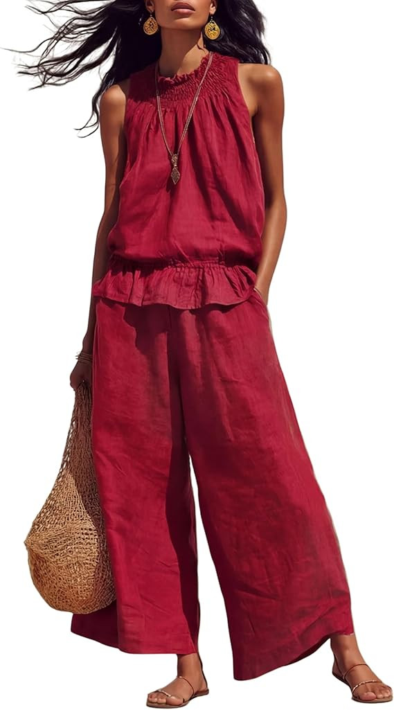 Amazon.com: Tanming Women's Linen 2 piece Outfits Sleeveless Ruffle Top Wide Leg Pants Summer Lou... | Amazon (US)