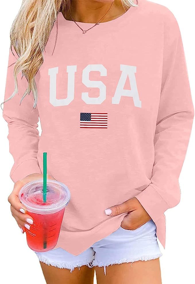 USA Sweatshirt Women Patriotic Sweatshirts USA Letter Print Top Graphic Tee Shirt Casual Crew Nec... | Amazon (US)