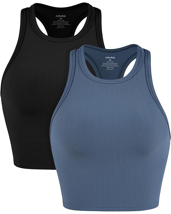ODODOS Women's Crop 2-Pack Racerback High Neck Ribbed Cropped Tank Tops | Amazon (US)