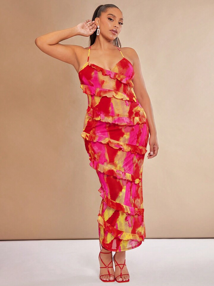 SHEIN BAE Plus Tie Dye Ruffle Trim Cami Dress | SHEIN