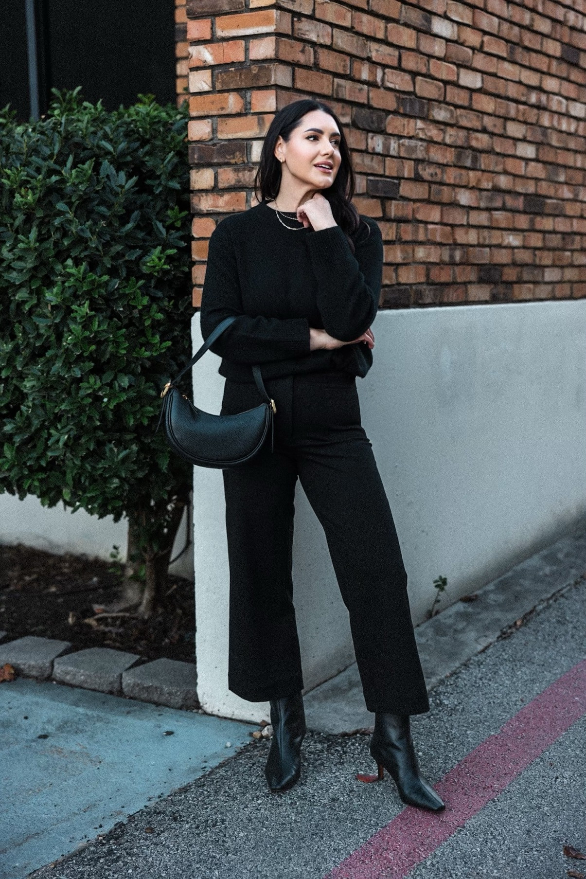 This cashmere crewneck is gorgeous and fits perfectly oversized. I am in the medium, love the fit and it's not too long either. (Size up if you want a longer / looser fit.) 

I've also linked the Black Friday deal of the same fabric of the sweater for $50! This one it isn't 'oversized' and is more of a tailored normal fit.

The pants are under $50 and run TTS! They're a thick Ponte pant with lots of stretch. I'm in the 10. 

 