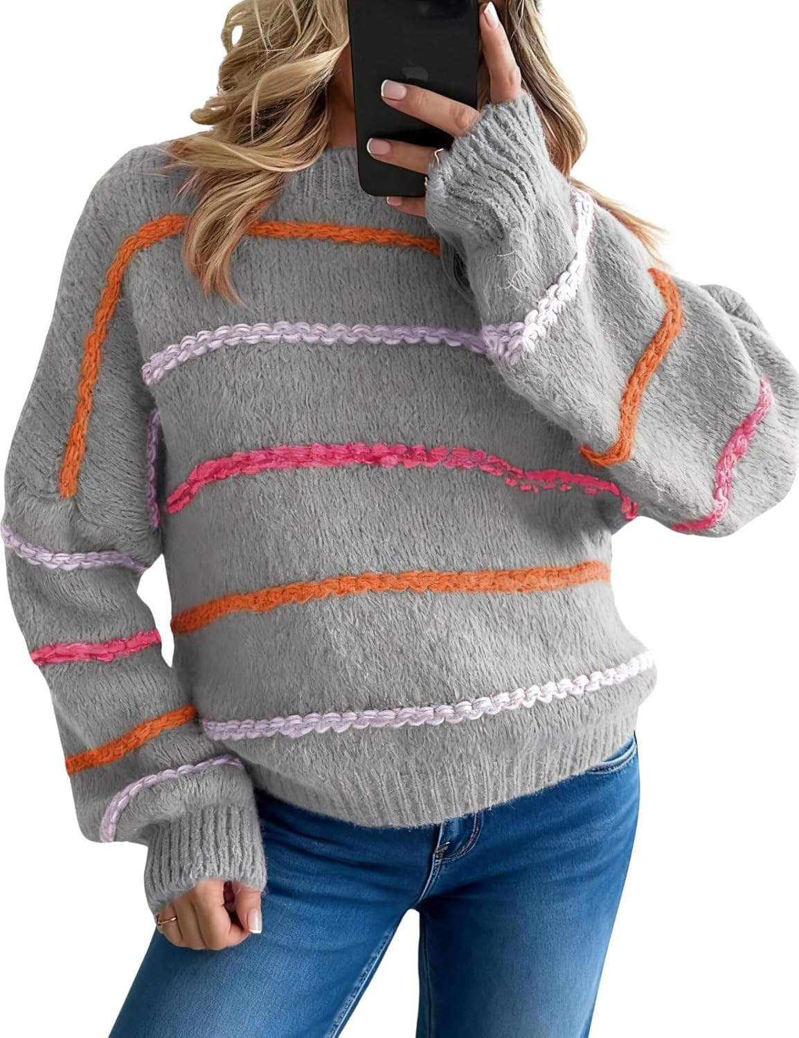 QIBABU Womens Striped Sweaters Casual Lantern Sleeve Color Block Knit Pullover Sweater Tops | Amazon (US)