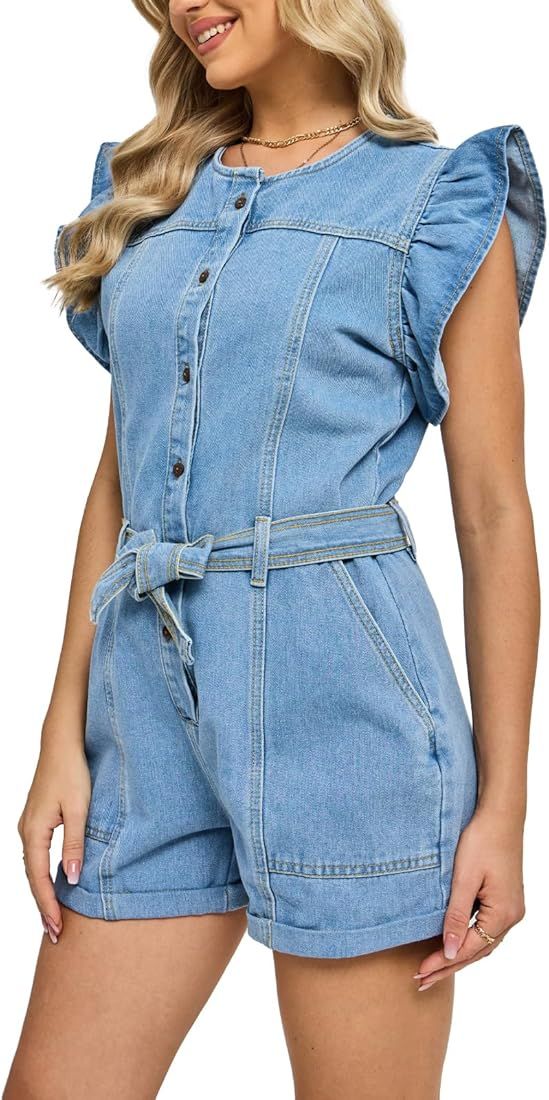XAPSEE Women's Jean Dressy Rompers Summer Ruffle Cap Sleeve Button Up Belted Denim Jumpsuits Shor... | Amazon (US)