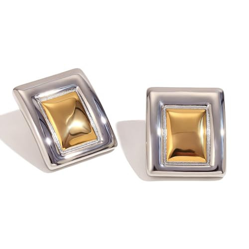 Chunky Gold Rectangle Earrings for Women Gold Silver Two Tone Statement Trendy Geometric Earring Chunk Gold Square Earring Jewelry Gift | Amazon (US)