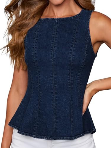 Women Sleeveless Stretch Denim Slim Peplum Tank Top Back Zipper,Navy M | Amazon (US)