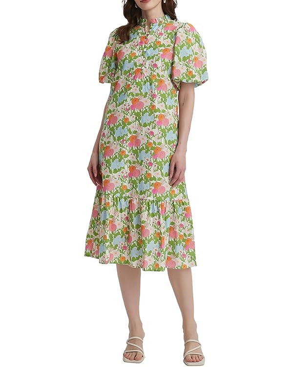 Summer Floral Midi Dress for Women Puff Short Sleeve Button Down V Neck Pretty Garden Boho Dresse... | Amazon (US)