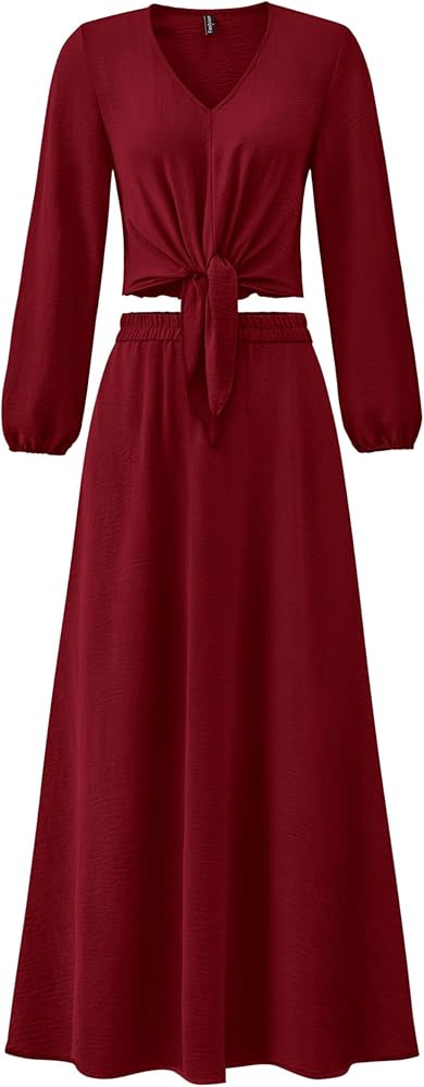 PRETTYGARDEN Women 2 Piece Outfits Casual V Neck Lantern Long Sleeve Strappy Crop Tops High Waist... | Amazon (US)