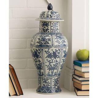 22 1/2 in. High Blue and White Chrysanthemum Flower Hand Painted Porcelain Covered Temple Jar | The Home Depot