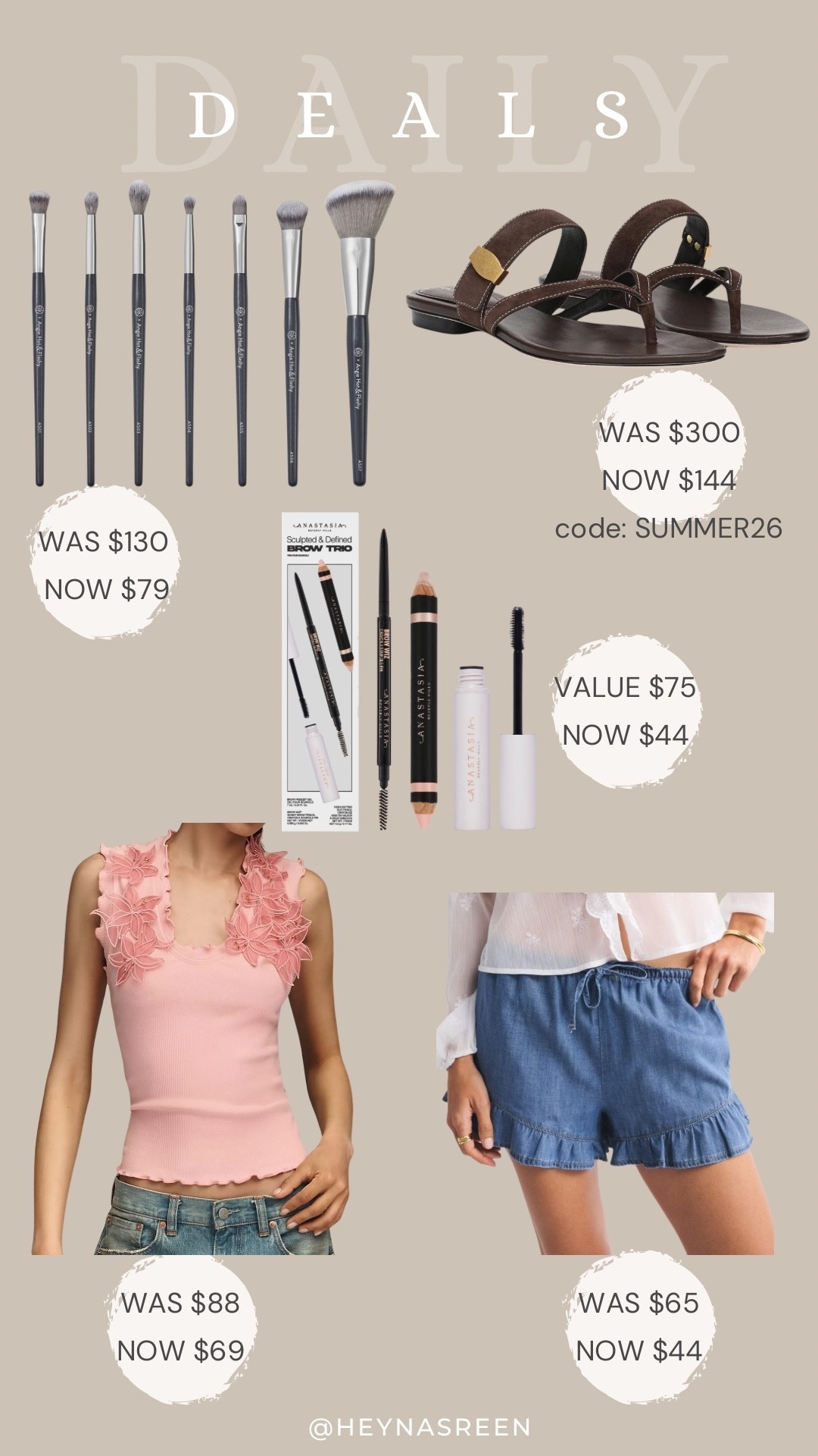 Daily deals on BK Beauty brush set, Veronica Beard sandals, Anastasia brow trio, Abercrombie shorts, Anthropologie top