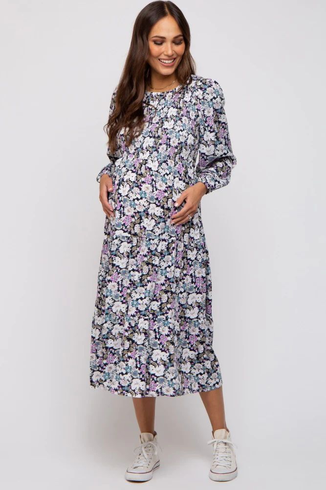 Black Floral Smocked Tiered Maternity Midi Dress | PinkBlush Maternity