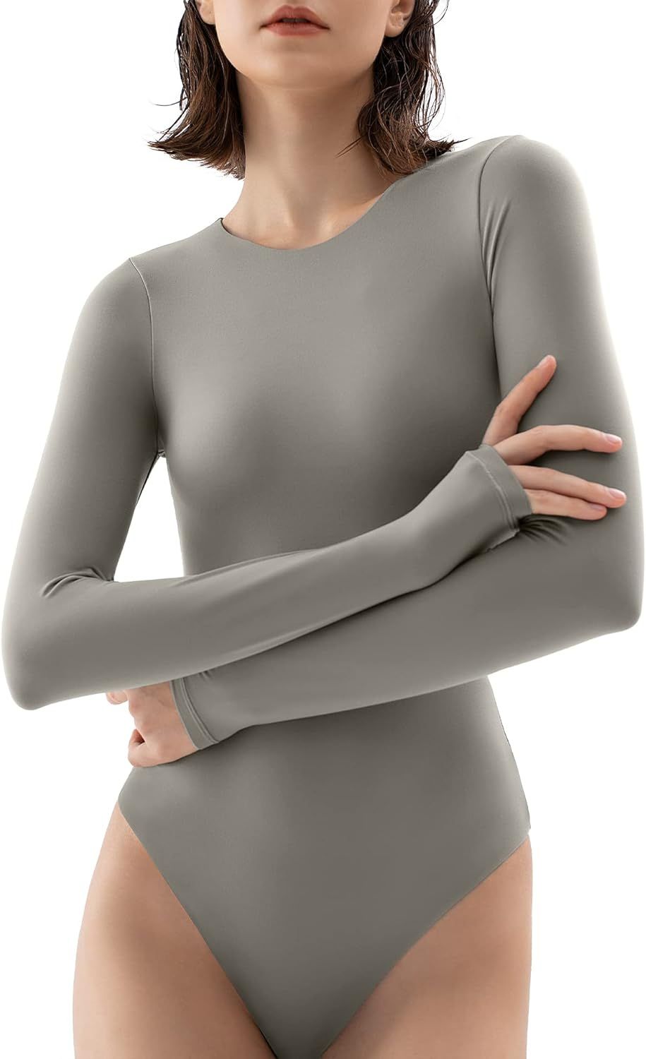 PUMIEY Women's Crew Neck Long Sleeve Bodysuit Second-skin Feel Tops Sexy Body Suits Women Clothin... | Amazon (US)