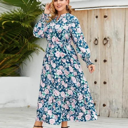 Long Bishop Sleeve Summer Dresses for Women V Neck Floral Print Elegant Wedding Guest Dress Fall Max | Walmart (US)