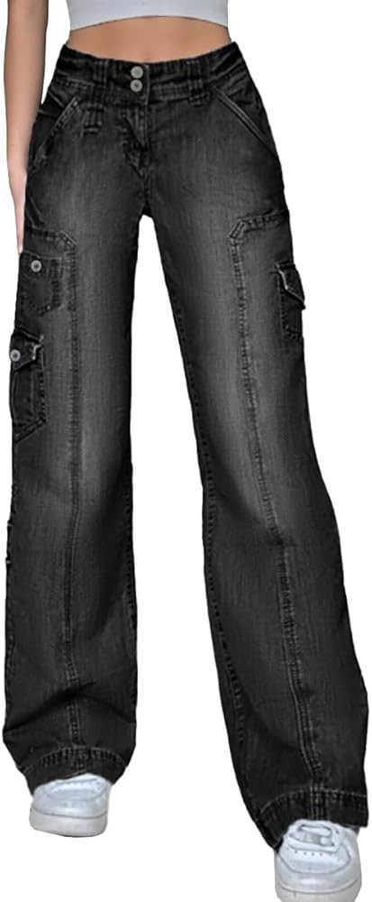 EMMIOL Cargo Pants Women Stretchy Wide Leg Baggy Jeans with Pockets Casual Trousers Y2K Vintage S... | Amazon (US)
