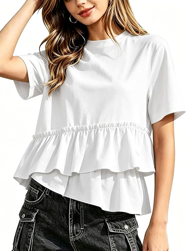 Womens Summer Short Sleeve T-Shirts Peplum Babydoll Crew Neck Ruffle Hem Casual Pleated Tops | Amazon (US)