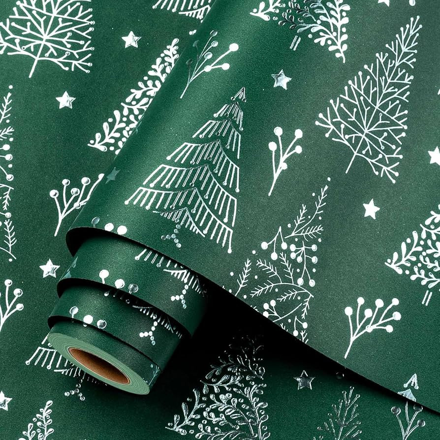 Homeral Christmas Wrapping Paper Roll - 46.8 sq.ft. 3D Embossed Green Foil Christmas Tree, Star o... | Amazon (US)