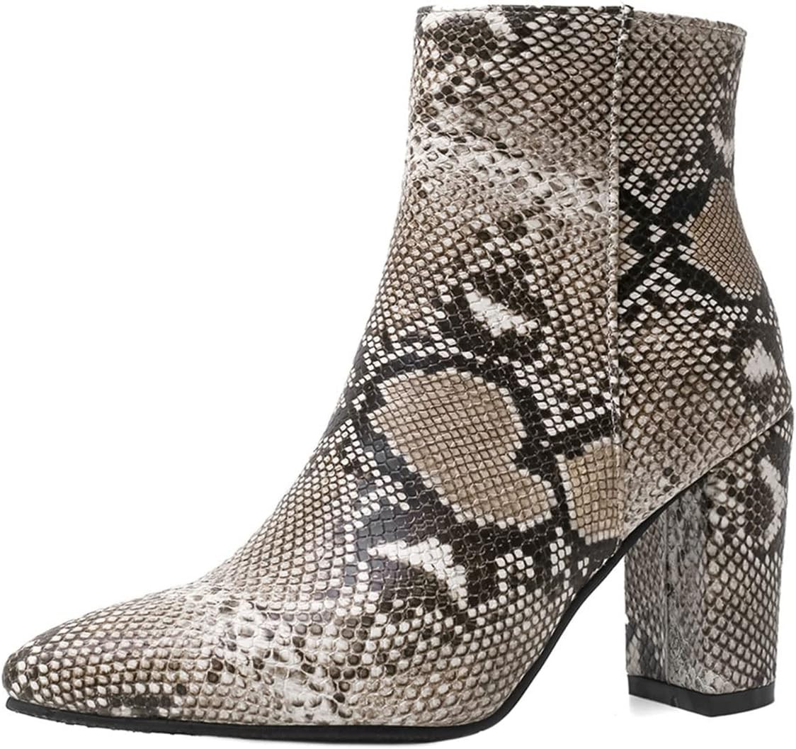 SHEMEE Women's Snakeskin Chunky High Heels Booties Pointed Toe Block Heel Snake Print Side Zipper Ankle Boots Fashion Dress Shoes | Amazon (US)