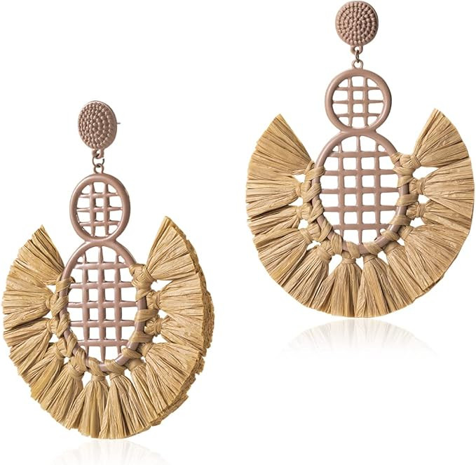 Statement Raffia Round Earrings - Boho Drop Handmade Straw Earrings -Geometric Dangle Earrings fo... | Amazon (US)