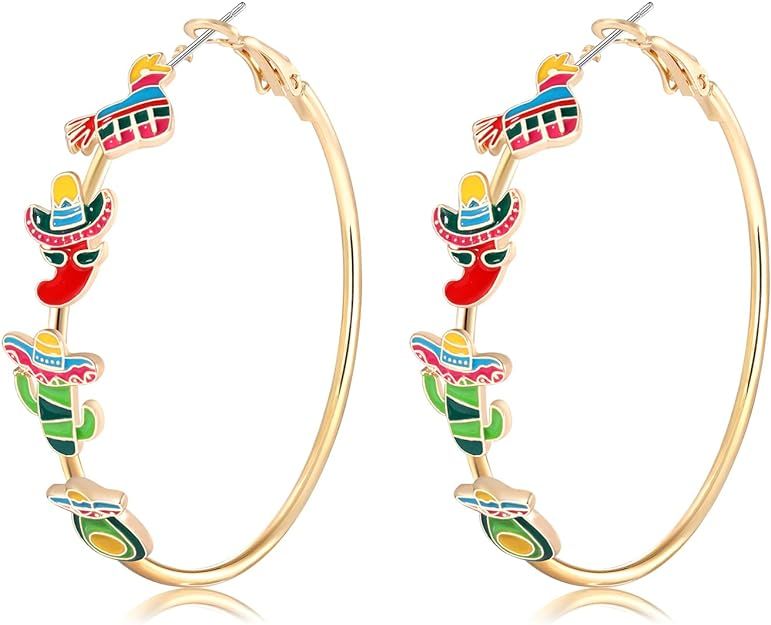 Boderier Gold Hoop Earrings for Women Cinco De Mayo Sombrero Pinata Fiesta Earrings Mexican Holid... | Amazon (US)