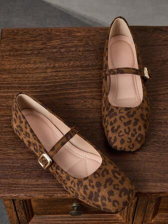Women's Fashion Square Toe Leopard Print Slip-On Flats, Versatile Office/Casual Wear, Outdoor Activities, High-Quality Aesthetic, Mary Jane Shoes, Ballet Flats, Suitable For Party, Wedding, All Seasons | SHEIN