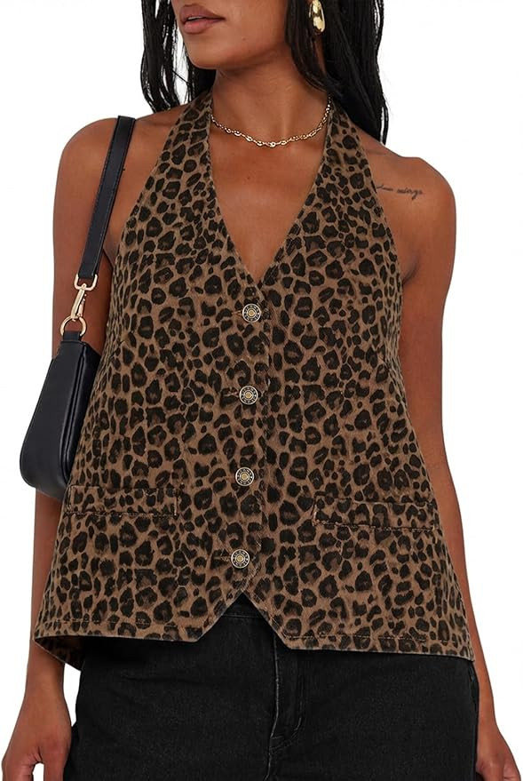 Tankaneo Womens Halter Denim Vest Tops Summer Open Back Y2K Going Out Tank Tops V Neck Button Dow... | Amazon (US)