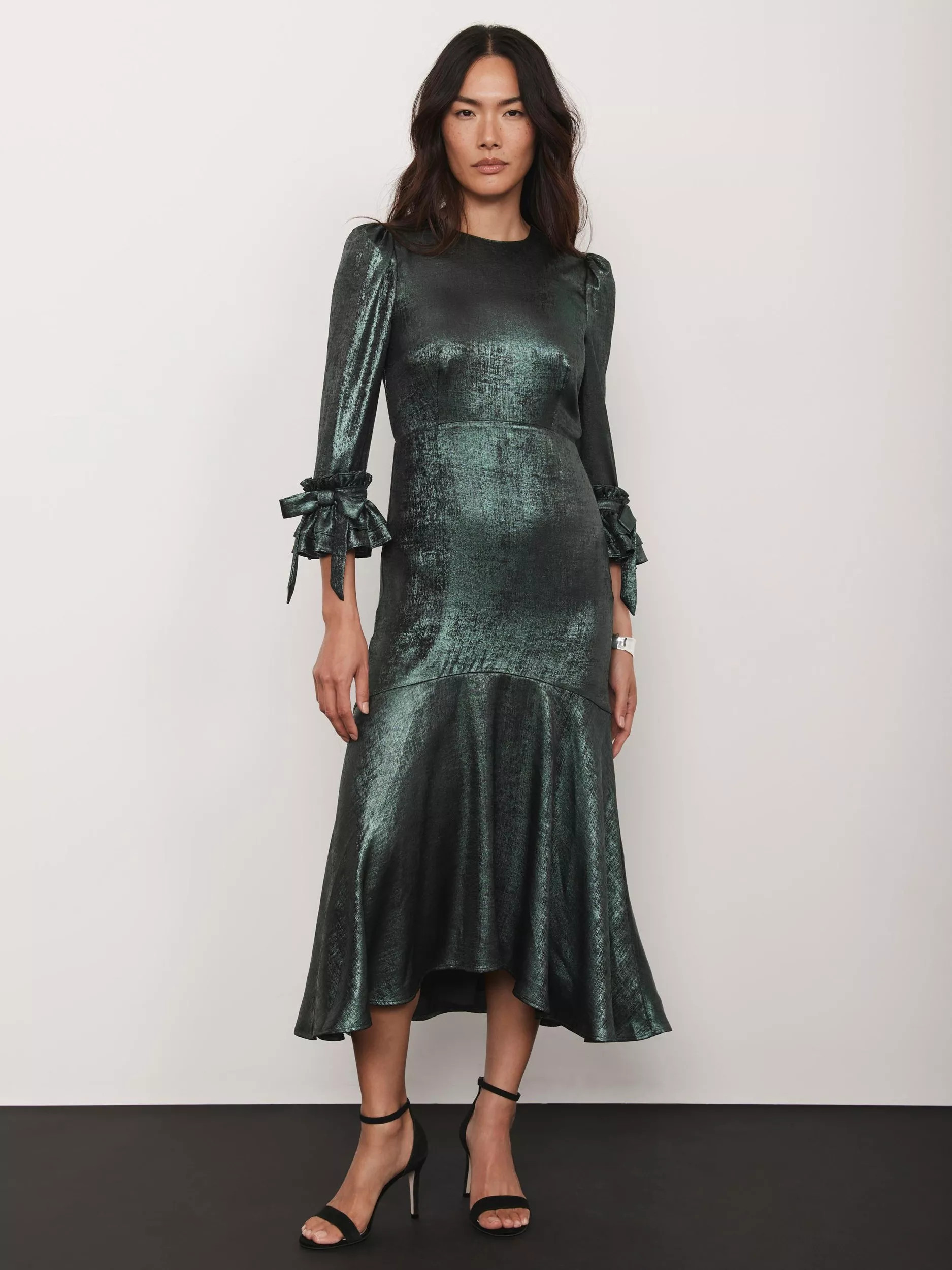 Mint Velvet Metallic Tiered Midi Dress, Green | John Lewis (UK)