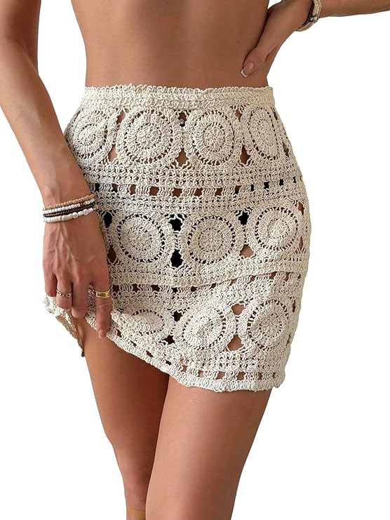 WDIRARA Women's Hollow Out Crochet Knit Cover Up Skirt High Waisted Sheer Beach Skirts | Amazon (US)