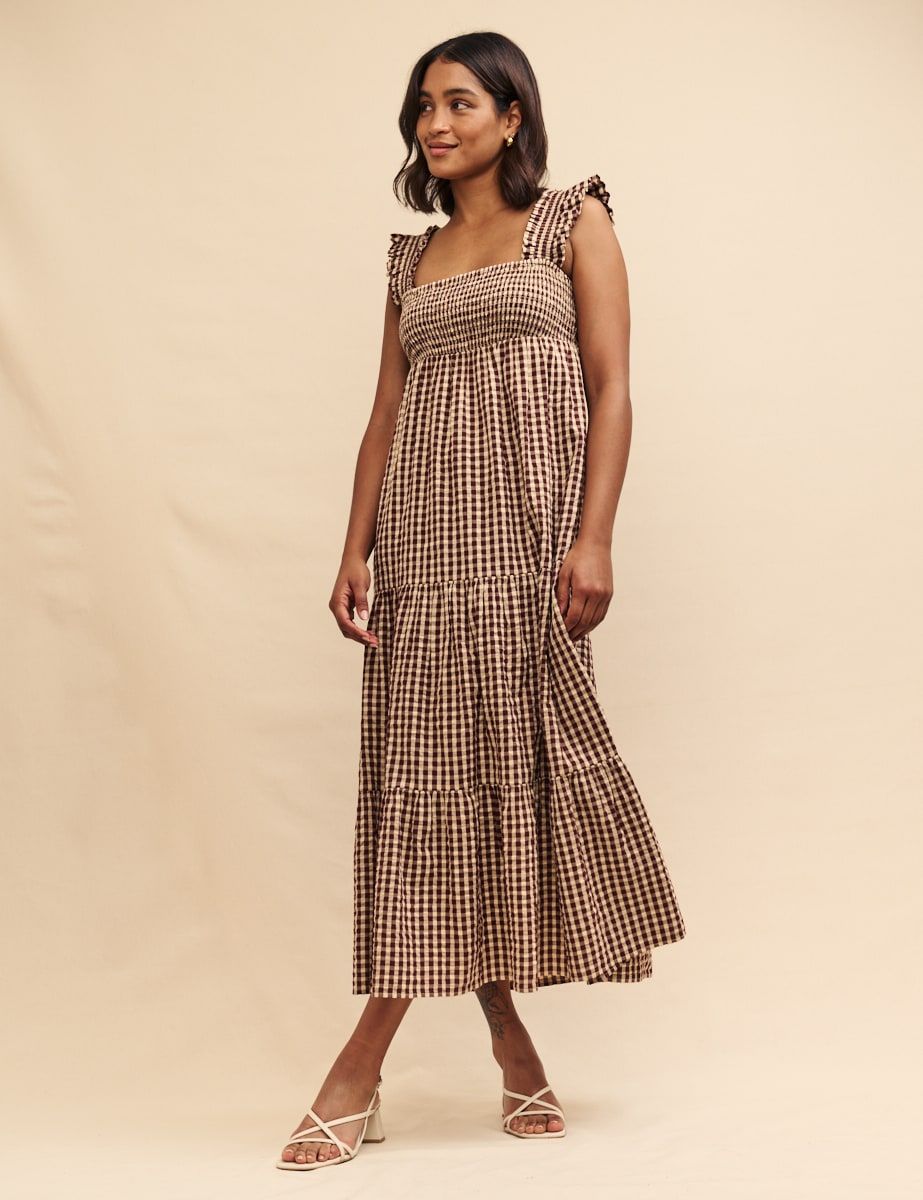 Brown Gingham Check Maya Smock Midi Dress | Nobody's Child