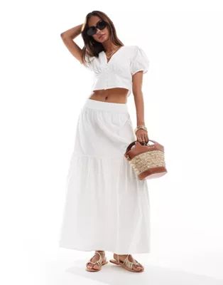 Vero Moda cropped buttondown top and tiered maxi skirt co-ord in white | ASOS (Global)