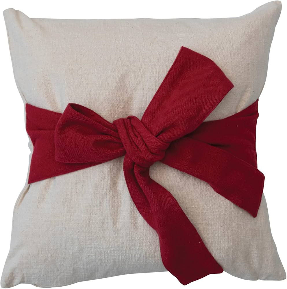 Creative Co-Op 18' Square Hand-Woven Cotton Slub Pillow w/Bow, Cream Color & Red | Amazon (US)