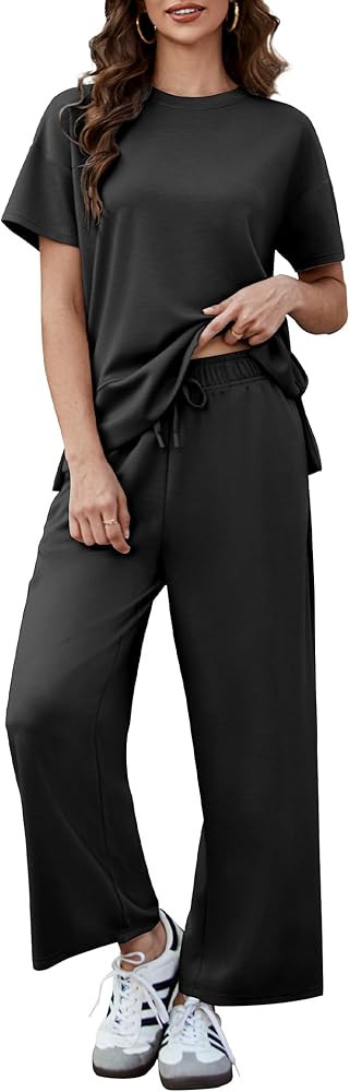 PINSPARK 2 Piece Sets for Women Soft Short Sleeve Matching Lounge Set Wide Leg Pants Tracksuit Tr... | Amazon (US)