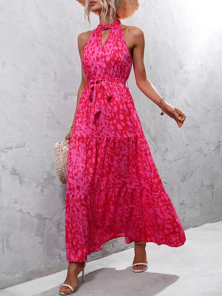 Allover Print Keyhole Neckline Ruffle Hem Belted Halter Dress | SHEIN