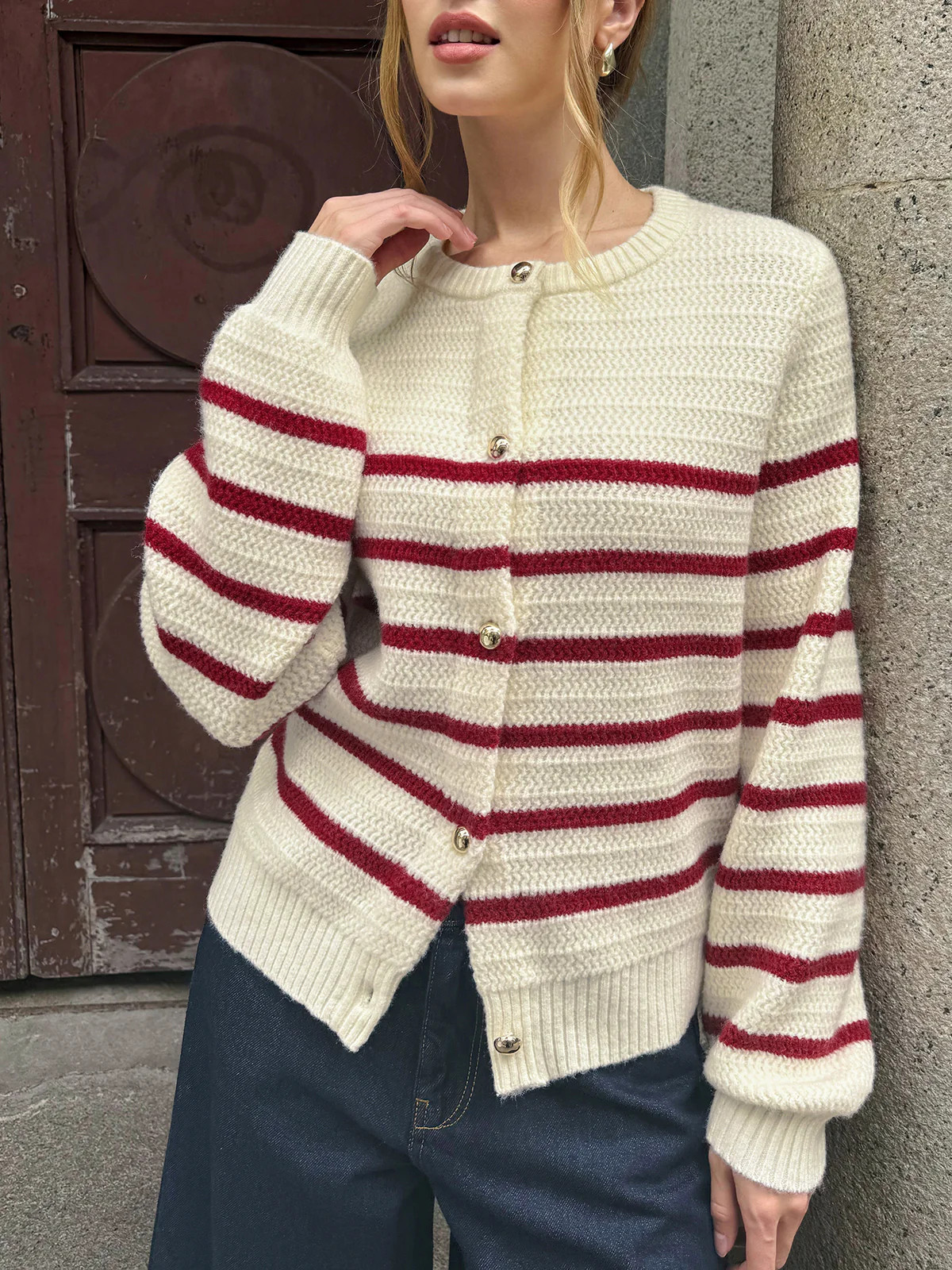 Striped Metal Button Cardigan | Commense