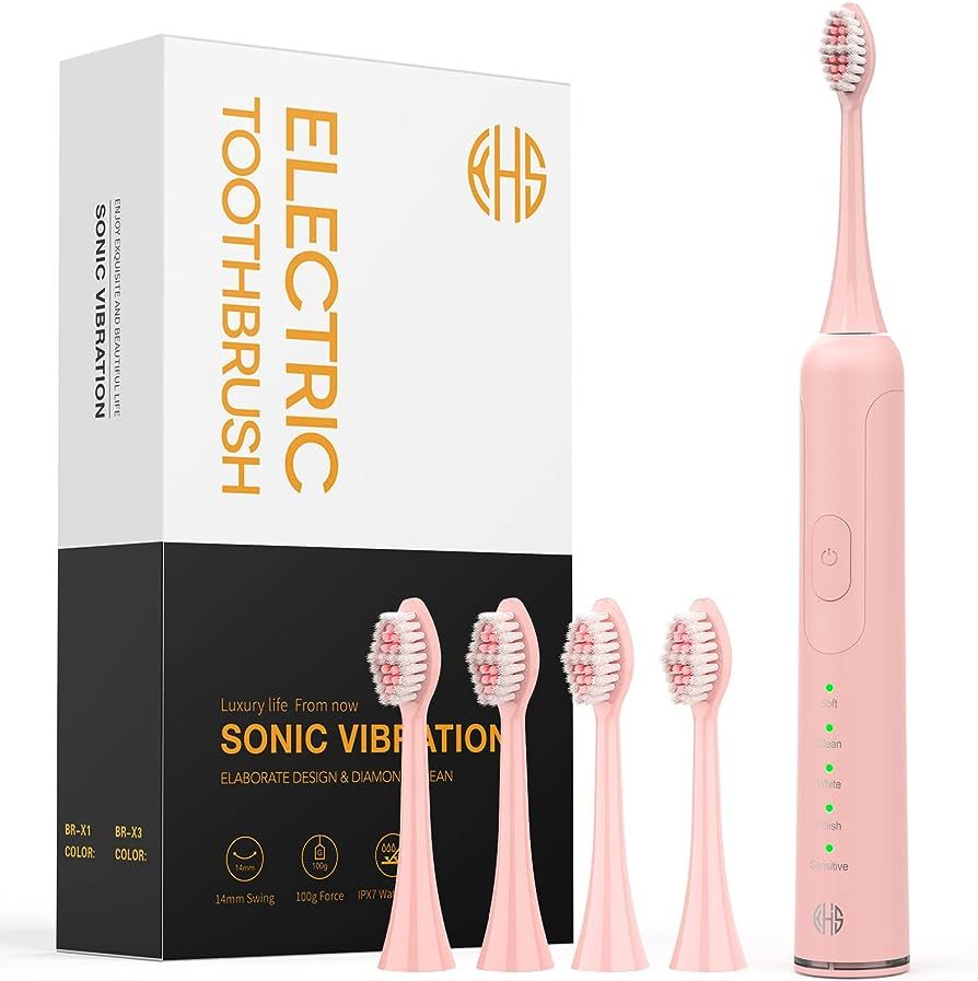 KHS Sonic Electric Toothbrush for Adults and Kids with 4 Brush Heads 5 Modes Rechargeable Toothbr... | Amazon (US)