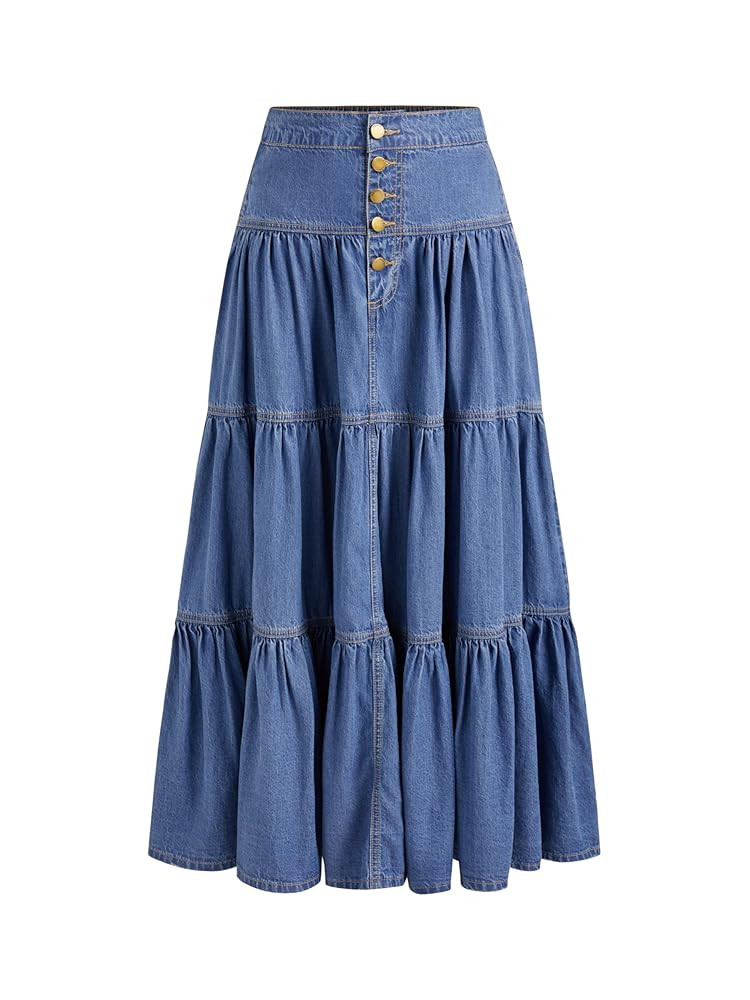 CIDER Women’s Long Jean Denim Tiered Button Down High Waisted Maxi Skirts | Amazon (US)