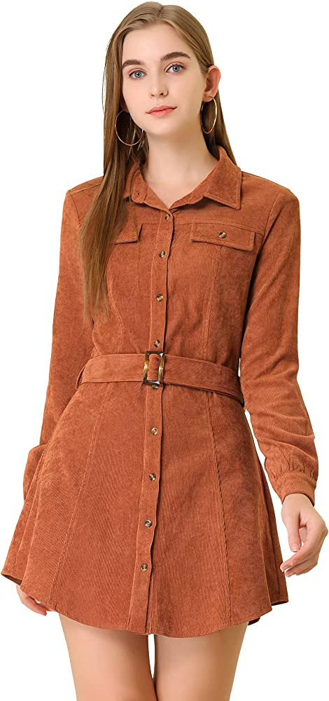 Allegra K Women's Corduroy Safari Point Collar Belted Button Down Long Sleeve Shirt Dress | Amazon (US)