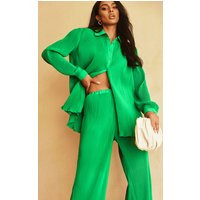 Bright Green Plisse High Waisted Wide Leg Pants | PrettyLittleThing US