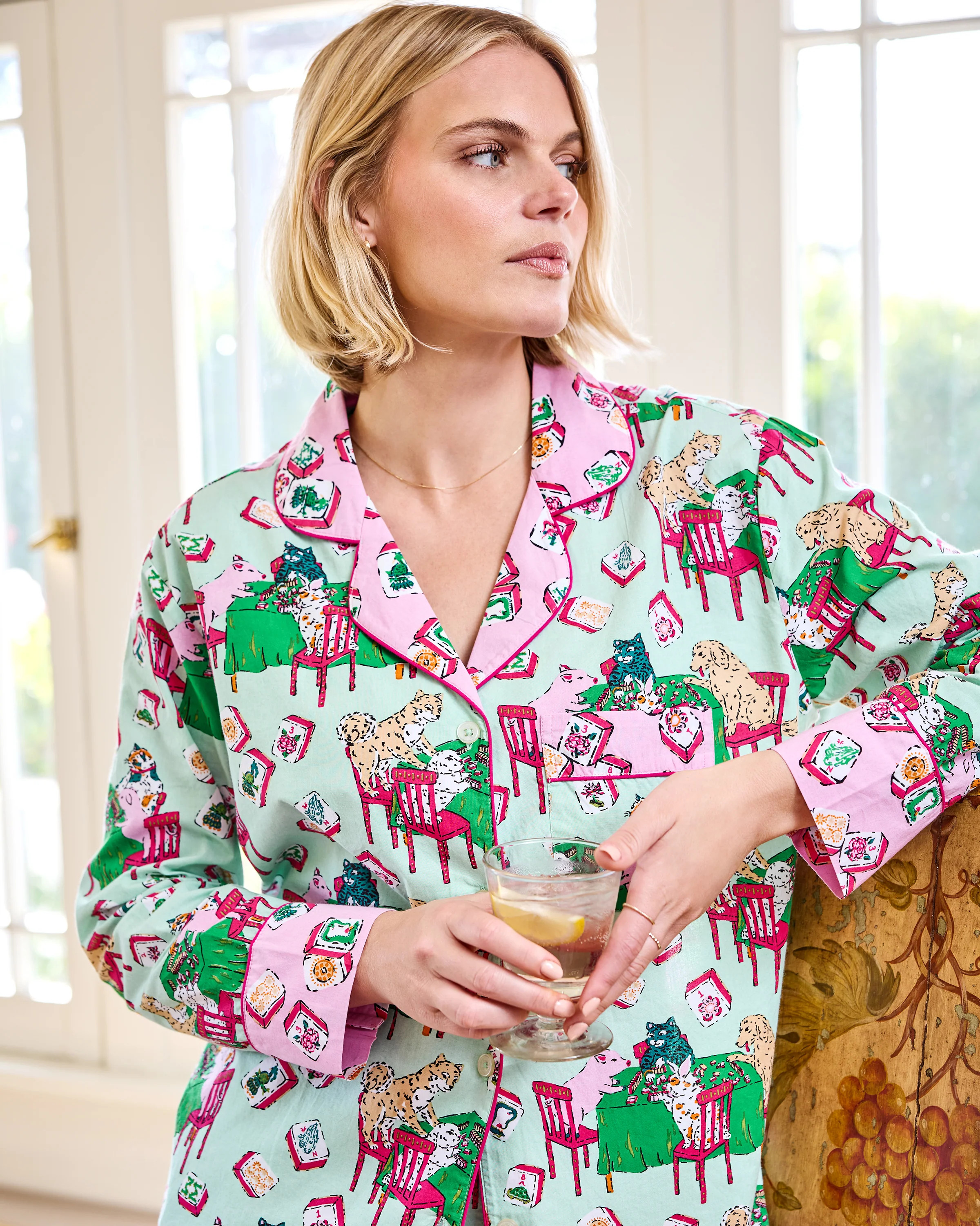 Mah Jongg Menagerie - Long PJ Set - Pale Jade | Printfresh