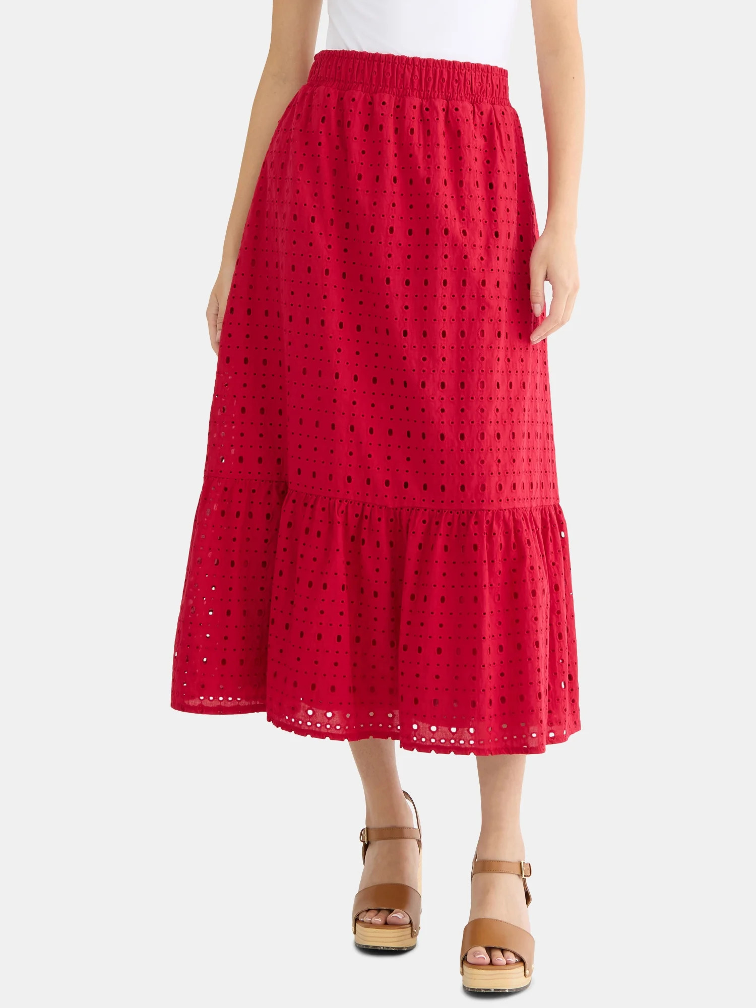 Time and Tru Woman's Cotton Eyelet Tiered Midi Skirt with Elastic Waistband, Sizes XS-XXXL | Walmart (US)