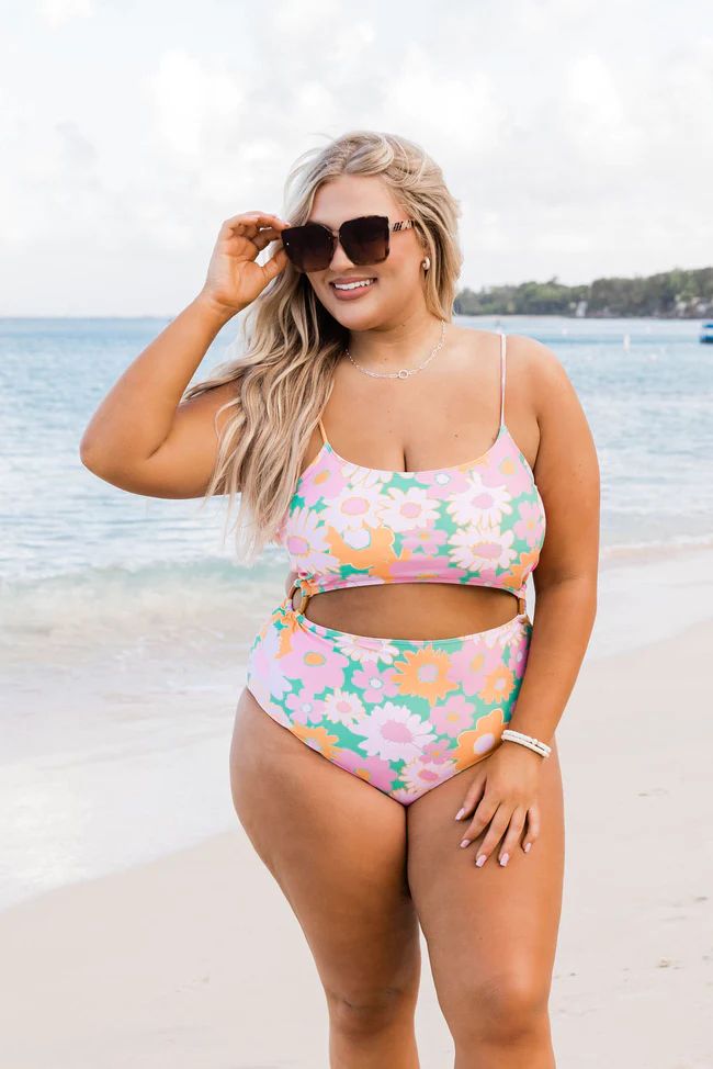 You Can't Swim With Us Floral Kelly Green One Piece Cut Swimsuit | Pink Lily