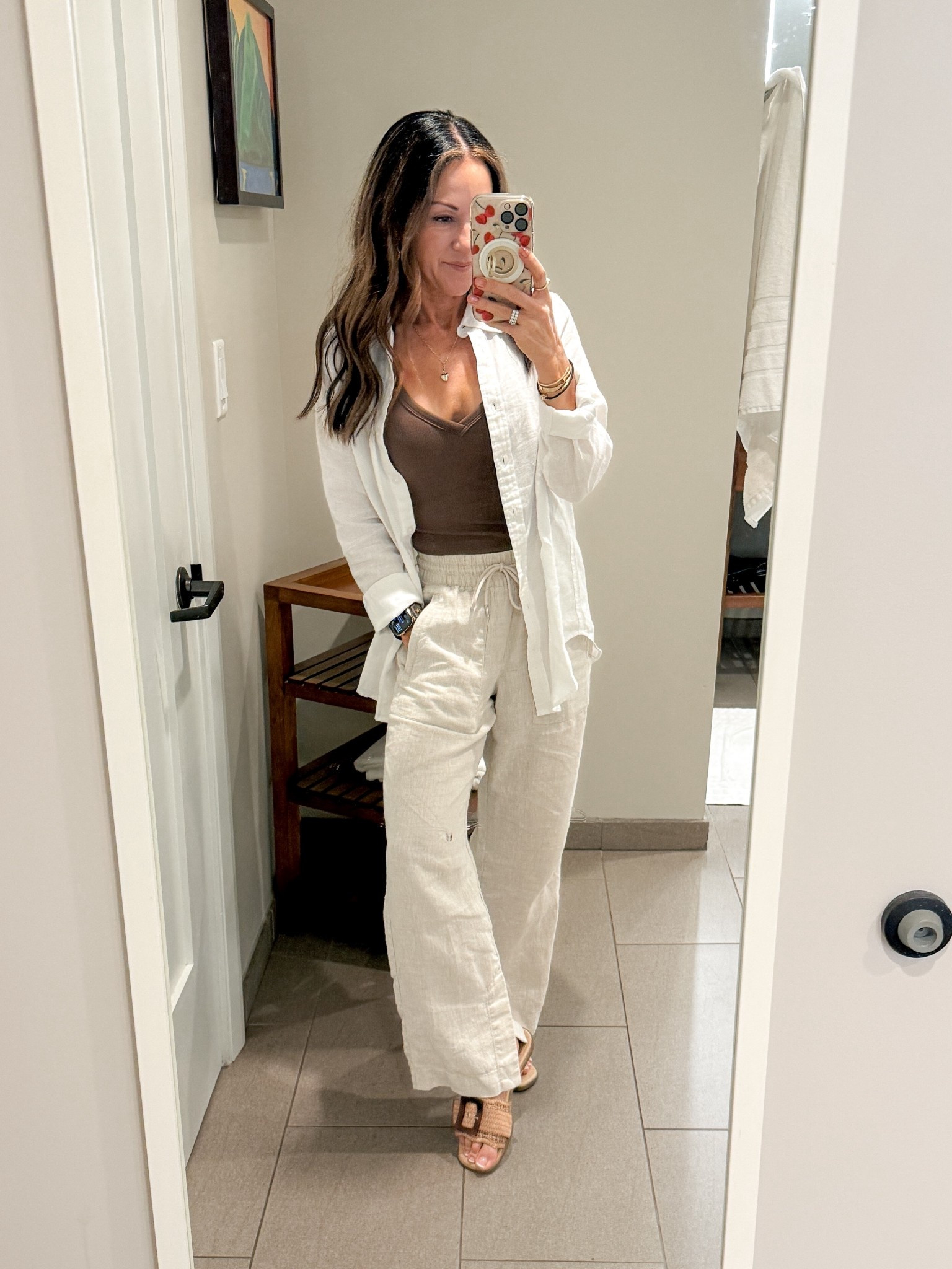 OOTD Maui on a chili morning. My favorite linen pants that come in petite, reg, tall. I’m wearing the XXS petite. Linen button down in size small. I ordered up a size so I can wear as a swim coverup. Tank with built in bra with XS. Summer slides TTS

#LTKootd #LTKPetite #LTKOver40