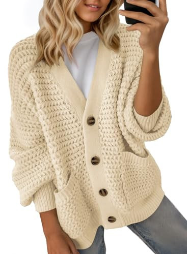 Dokotoo Beige Cardigan Sweaters for Women 2025 Fashion Lightweight Casual Loose Fall Thick Long Sleeve Open Front Long Chunky Cable Knit Cardigan Sweater Winter Outerwear Coat Small | Amazon (US)