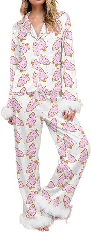 KMBANGI Women Feather Trim Pajama Set Long Sleeve Button Up Top Pants 2Piece Lounge Set Satin Pj ... | Amazon (US)