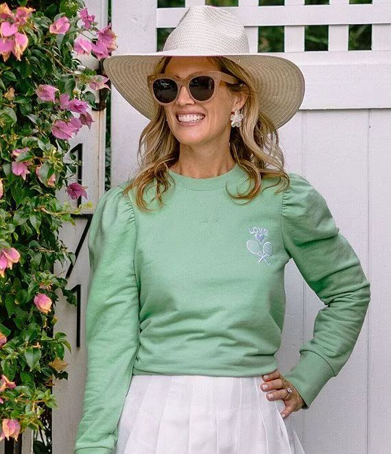 SAIL to SABLE x PALM BEACH LATELY Cotton Knit Tennis Embroidered Long Puff Sleeve Sweatshirt | Di... | Dillard's