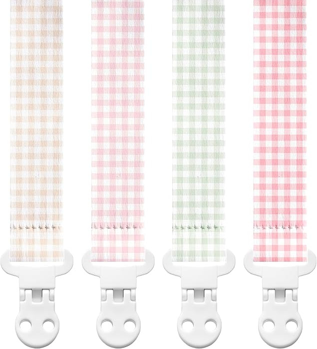Stadela Baby Fabric Pacifier Clip Holder, Plastic Clip, 4‑Pack, Gingham Pattern, Cottagecore Se... | Amazon (US)