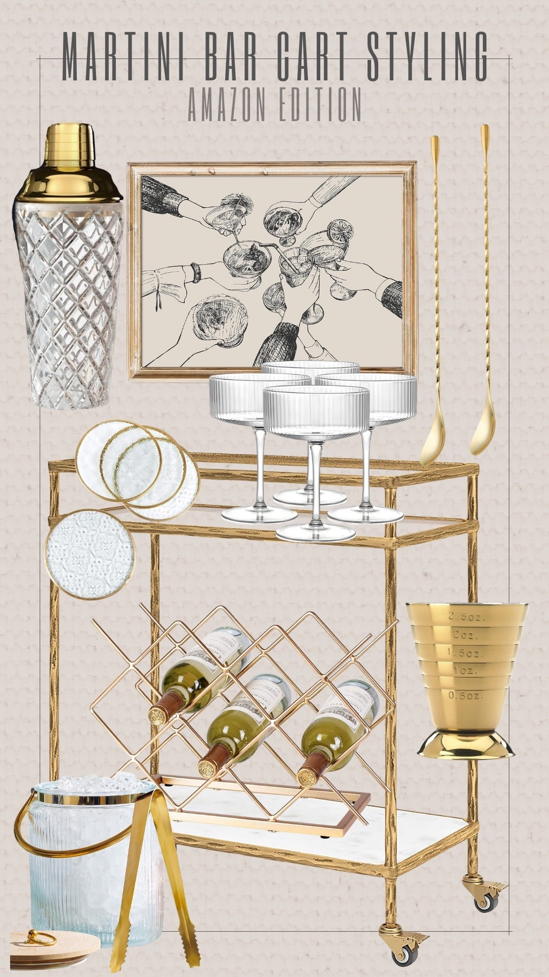 Classic elegance meets modern entertaining. A gold bar cart styled with ribbon glassware, crystal details, and sleek metallic accents sets the tone for a timeless martini moment. The perfect pairing of function and flair, this setup blends luxury with ease for gatherings that feel effortless yet refined. Shop the look to create your own chic cocktail corner that’s ready for every celebration. 
#MartiniBarCart #HomeStyling #AmazonHome #BarCartDecor #EntertainingInStyle #CocktailHour #HomeFavorites #AudrieDollins #HostessStyle 

#LTKHome