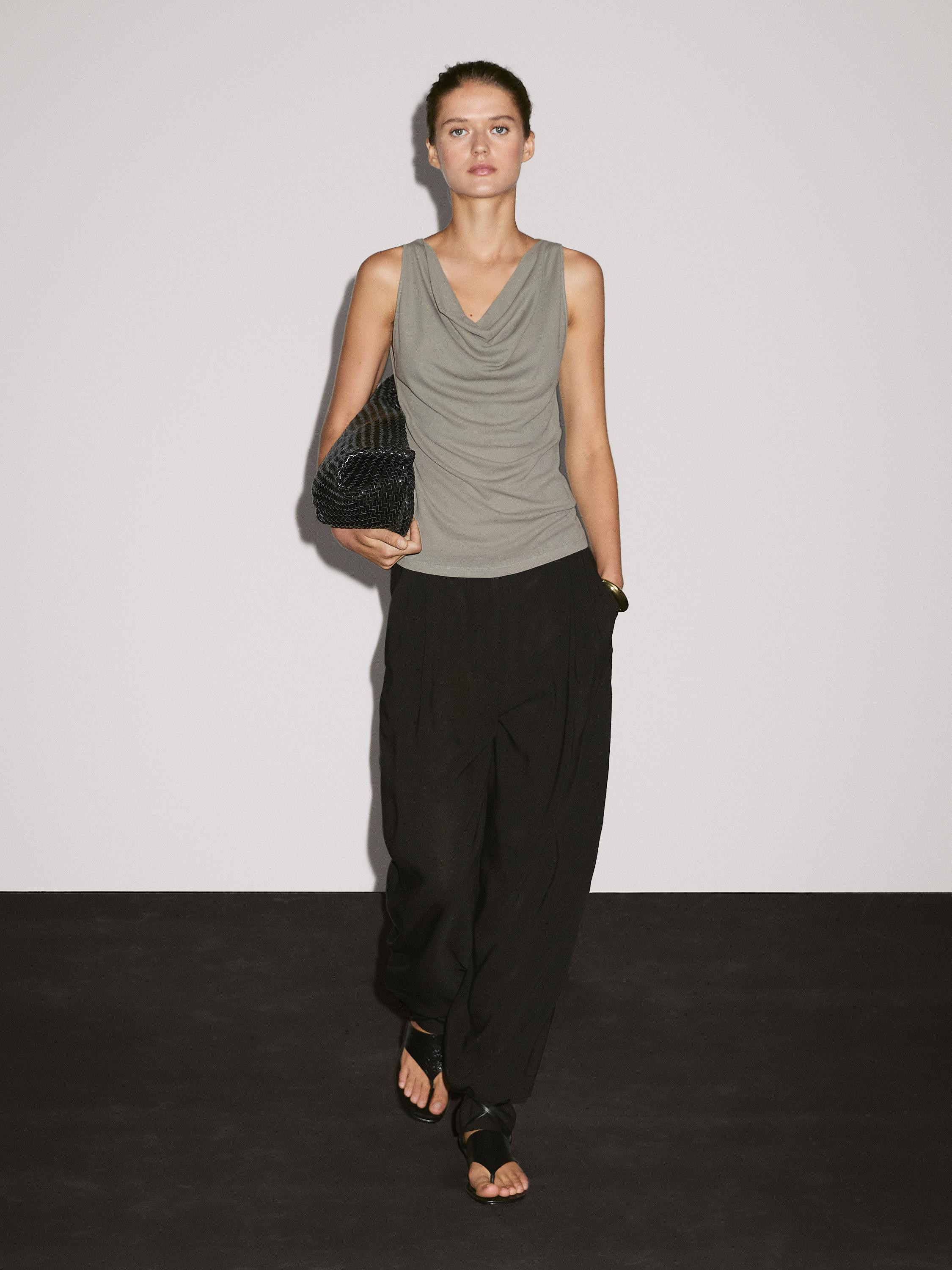 100% cotton top with draped neckline | Massimo Dutti US