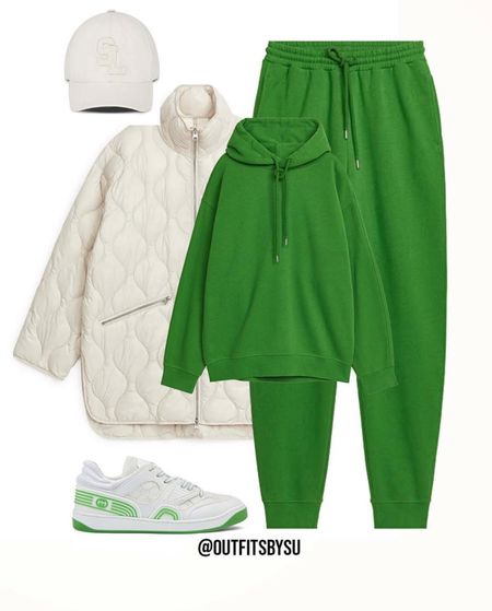 Casual wear, green sweatpants, green hoodie, beige quilted jacket, Gucci sneakers, ysl cap, fall, midsummers, outfits, sporty wear, comfy wear, 

#LTKcurves #LTKfamily #LTKstyletip