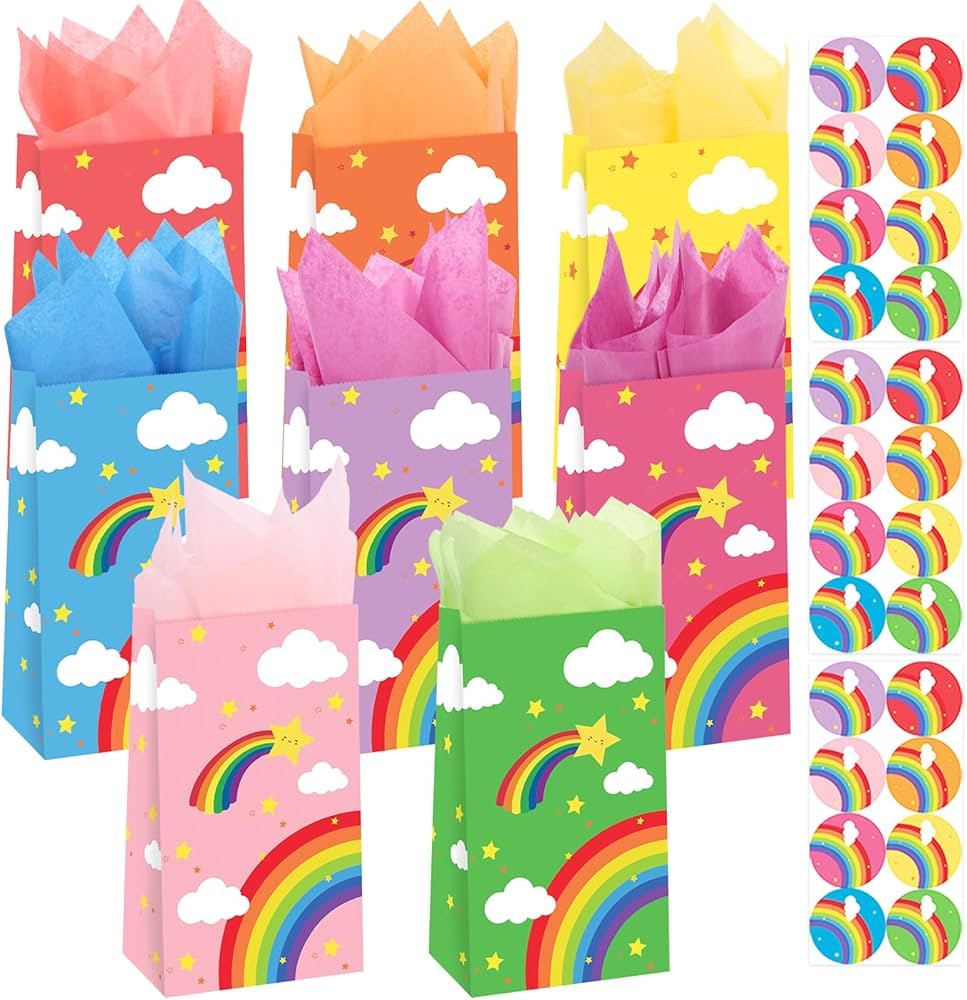 TOXOY 24PCS Gift Bag with Tissue Paper, Colorful Treat Paper Bags Treat Bags with Stickers Rainbo... | Amazon (US)
